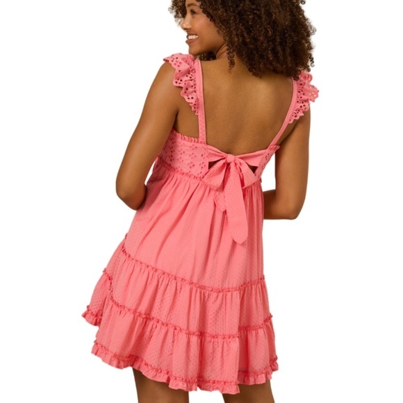 ALTAR'D STATE Dress Tiered Ruffled Ruched Pinafore Back Tie Bow Peach Coral NWOT - Picture 8 of 16